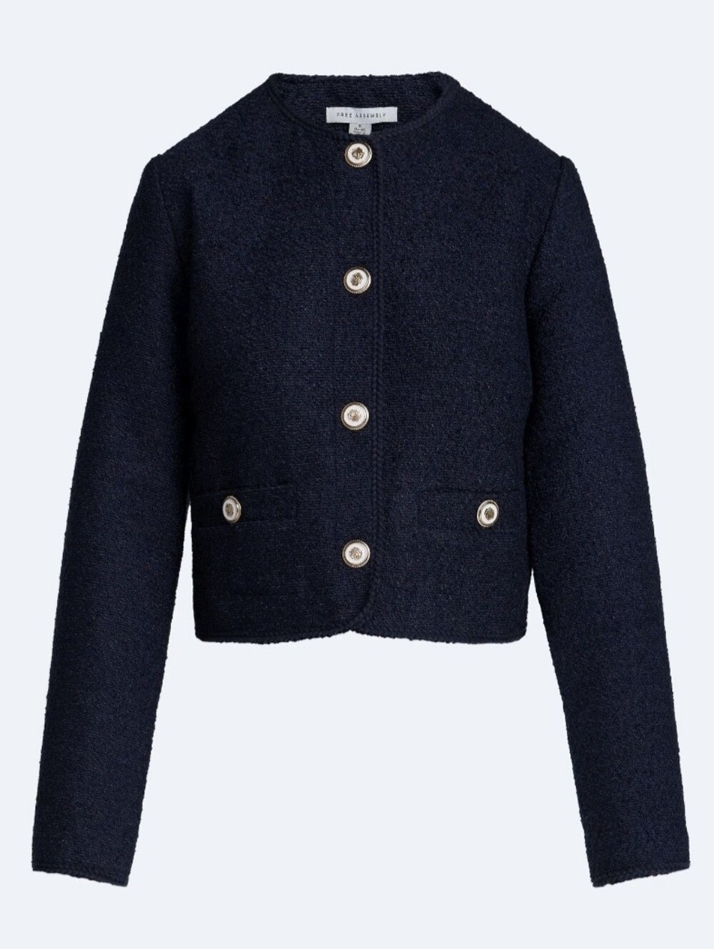 Free Assembly Boucle Navy Blue Lady Jacket Blazer Ornate Buttons Cropped XS